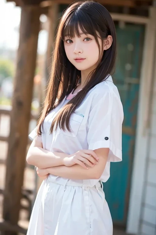 Sitting with legs crossed, Ecstatic expression, Cute junior high school girl, Looking at me, Sexy face, With legs apart, Open your legs, Wearing open-chested clothing, Big breasted, Wet