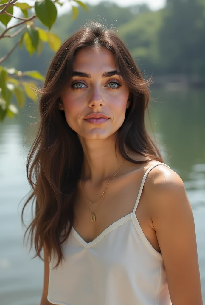 Natalie Zacek, adorned with dazzling earrings and a stunning necklace, smiled radiantly as her captivating long black hair cascaded effortlessly amidst the lush landscape of a serene outdoor location. <lora:qwkumr18e8c9715fcz2f:1>