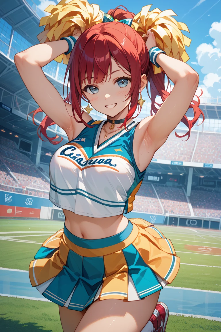 itsukinakano, itsuki nakano, bangs, blue eyes, hair between eyes, Ahoge, redhead, star \(symbol\), happy smile, smile, open your mouth,hair ornaments, star hair ornaments,(cheer leading), (whole body), big breasts, lower, (sweaty), sweaty Wet Clothes,()red clothes), , Navel support, playground, (jump), (jump), 足を曲げてjumpする, air, blue sky, Grass原, Smiling Cheerleader, pom pom \(cheer leading\), Grass,
break outdoors, stadium,
break looking at viewer, (cowboy shot:1.5),
break (masterpiece:1.2), highest quality, High resolution, unity 8k wallpaper, (figure:0.8), (detailed and beautiful eyes:1.6), highly detailed face, perfect lighting, Very detailed CG, (perfect hands, perfect anatomy),