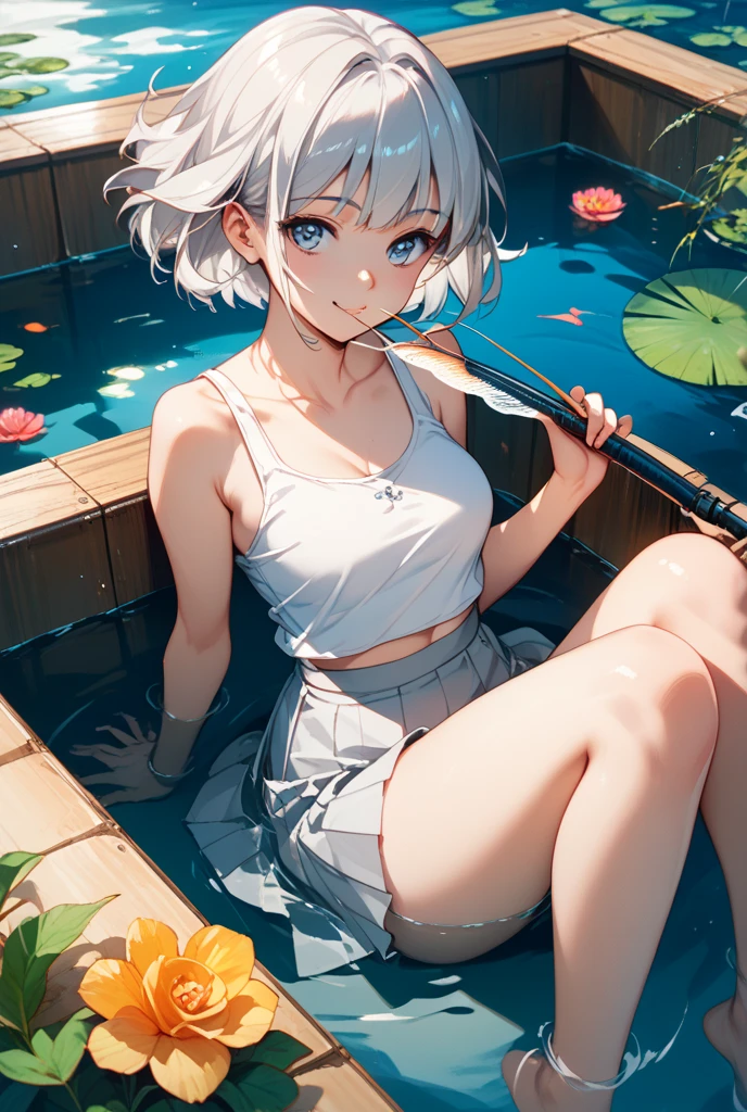 high angle,from above,cleavage,
((masterpiece:1.4, best quality)), ((masterpiece, best quality)),beautiful pixie cut silver blonde hair,little cute girl,full body, sitting in the water falls,taking a nap, ((elegant summer mini dress)), very cute,cute eyes,cinematic lighting and pause,beautiful natural park