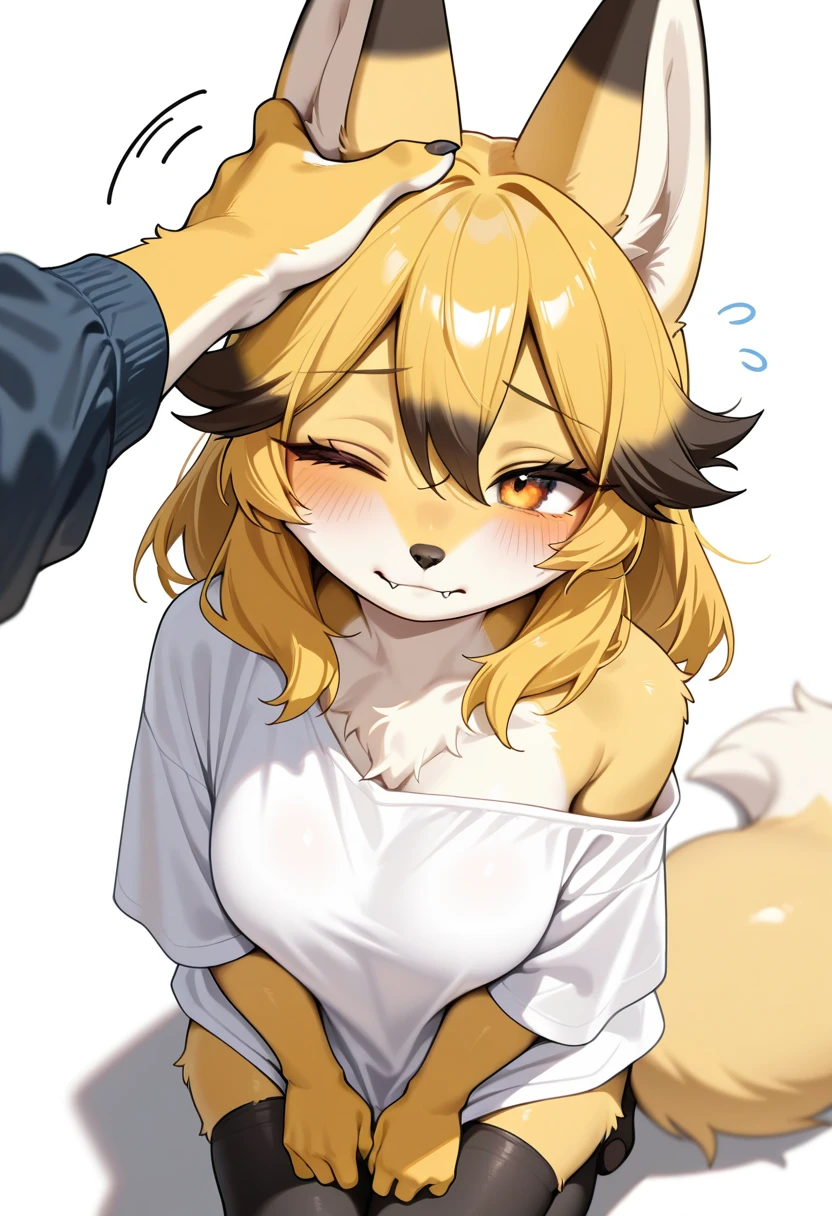 masterpiece, best quality, newest, absurdres, highres, amazing quality, very aesthetic, score_9, score_8_up, score_7_up, score_6_up, 1girl, (furry, kemono:1.5), fox girl, anthro, furry, elongated foxy snout, fox ears, fox tail, (very very long tail, the tail is long and fluffy), one cute fang, biting lip, half-closed eyes, closed mouth, looking at viewer, amber eyes, one eye closed, shy, open mouth, enjoying, , baggy shirt, black thigh highs, oversized clothes, single off-shoulder, eyelashes, solo focus, getting petted, brown fur hand (fox paw kind of looking hand), hand coming in to pet her head, receiving headpats, headpat, petting, from above view, reclining on the bed, bed, pillow