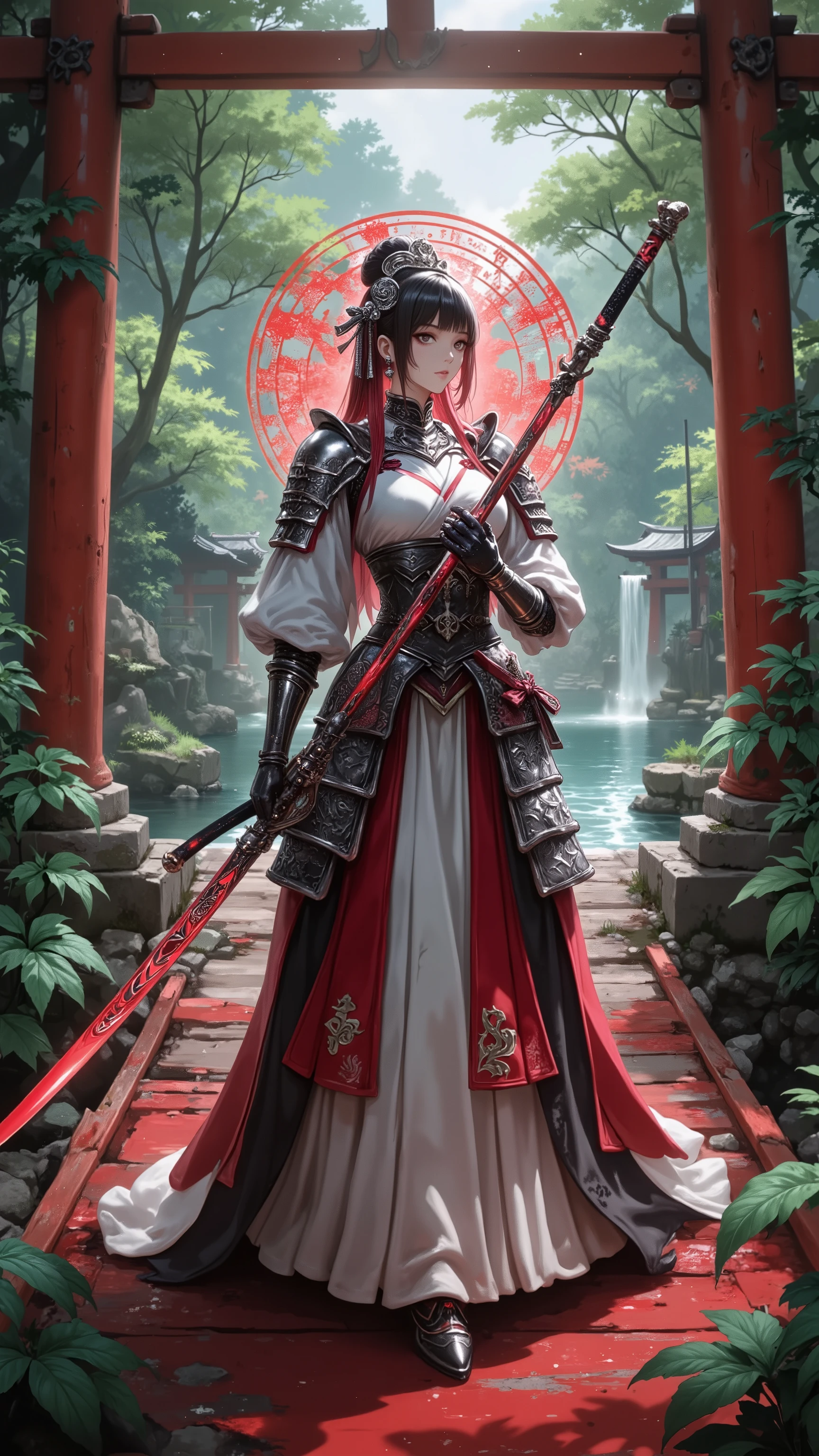 Shrine maiden, Japanese-style armor , Naginata, Rin々Standing posture, Red Painted Bridge