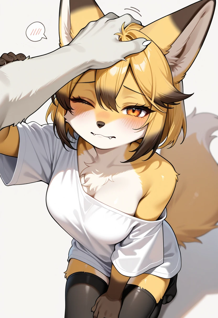 masterpiece, best quality, newest, absurdres, highres, amazing quality, very aesthetic, score_9, score_8_up, score_7_up, score_6_up, 1girl, (furry, kemono:1.5), fox girl, anthro, furry, elongated foxy snout, fox ears, fox tail, (very very long tail, the tail is long and fluffy), one cute fang, biting lip, half-closed eyes, closed mouth, looking at viewer, amber eyes, one eye closed, shy, open mouth, enjoying, , baggy shirt, black thigh highs, oversized clothes, single off-shoulder, eyelashes, solo focus, getting petted, brown fur hand (fox paw kind of looking hand), hand coming in to pet her head, receiving headpats, headpat, petting, from above view, reclining on the bed, bed, pillow