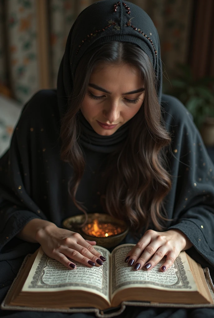 Bad quality. A beautiful Indonesian woman aged 22 years. Ping robe with intricate floral motifs. Wearing a pink Islamic headscarf. Long skirt with intricate floral motif. Sitting in the room reading the Islamic Koran at the table. at night. There is a lighted candle. Bright red lipstick lips. Looking down. super big chest. super big chest. super big chest.Grainy colored CCTV footage from above.