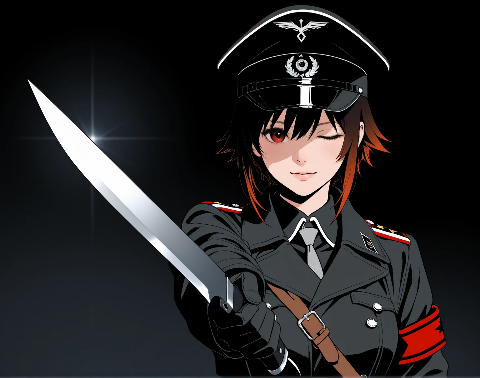 anime girl, short black hair with bangs, big tights, small waist, with glasses, wearing a nazi uniform ,holding a gun