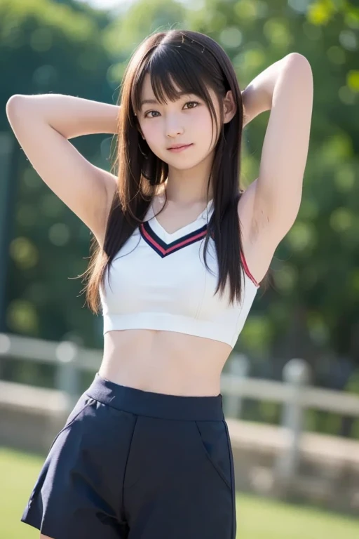 A -yeld giwith a cute idol-like face。Gentle and cute。Please smile kindly。She is a cheerleader at school Cheerleader uniforms are bikini-style and have a bust-emphasizing design. big bust full body figure Raw photo real genuine High definition real life No copyright notice