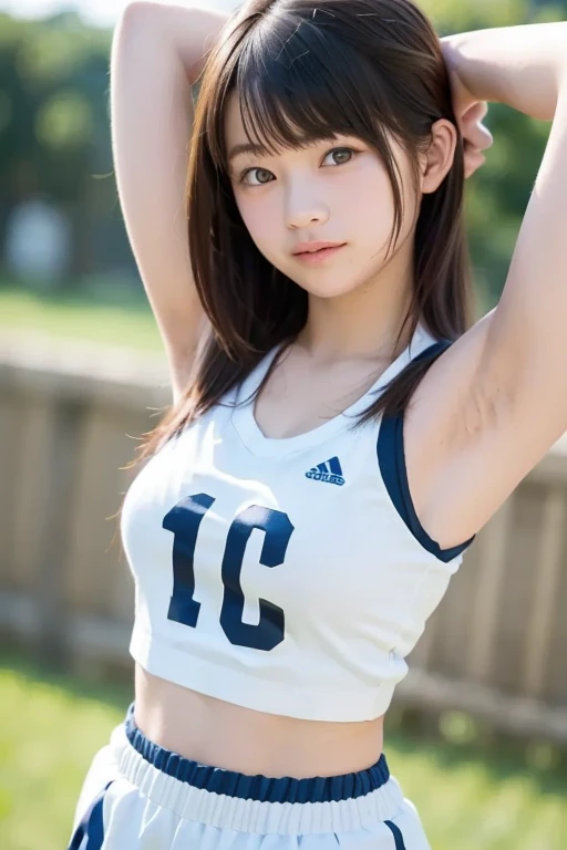 masutepiece、masterpiece、top-quality、ultra-detailliert、hight resolution、hight resolution、8K Portrait、Unity 8k壁紙のhigh-detailCG、Unity 8k壁纸、Highly detailed CG Unity 8k wallpaper、逼真、realperson、cute little、 Portrait photos、shinny skin、high-detail、(:1.2)、(女の子1人)、Beautiful clear eyes、Ultra-fine depiction、delicated face、Lovely lips、skinny body、big breasts thin waist、Thin leg、(Track and Field Arena:1.6)、(flat chest:1.8)、(track and field color uniform:1.4)、(Sleeveless:1.4)、((My nipples hurt:1.4))、(Big smile:1.3)、(abdominals:1.5)、(Bob Hair:1.2)、(Hands behind your back:1.2)、(no-makeup:1.5)