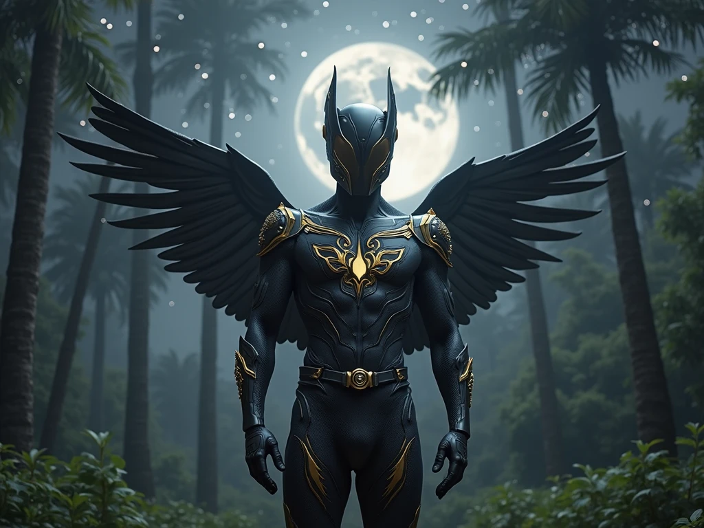 Black Fairy Beautiful Male Black Man with Blue and Orange Details, Large Wings, Forest in the Background, Vibrant Colors, Full Body, Detailed Face, Detailed Hands, Detailed Legs, Detailed Fingers, Detailed Hair, Detailed Eyes, Detailed Skin, Lush Vegetation Blurred Background, Vibrant Colors, Lush Light, Soft Light, Sunset Light, Smooth Light, Symmetrical, Full Body, Reflections, HDR Dynamic Lighting, 8K Resolution, cinematic film, smooth, sharp focus, realistic, strobe light beams, ((blurred background)):1.7, (((depth of field)) ):1.8, cinestill 800t 35mm, high quality, heavy grain, high detail, cinematic composition, dramatic light, anamorphic, ultra wide lens, hyperrealistic --auto
