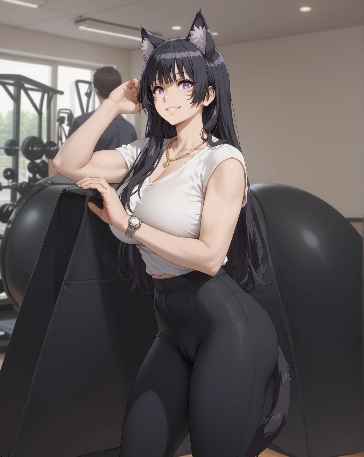 Tall girl, Fit girl,score_9, score_8_up, score_7_up, score_6_up, uncensored, delta, long hair, black hair, animal ears, purple eyes, cat ears, animal ear fluff, facial, animal tail, cat tail, Thick furry cat tail, mark,huge breast,smile, 1girl, watch, photo_background, black_hair, solo, wristwatch, long_hair, jewelry, shirt, looking_at_viewer, white_shirt, necklace, indoors, high-waist_pants, pants, bracelet, short_sleeves, standing, black_eyes, , female_pubic_hair, bangs, yoga pants, crop shirt