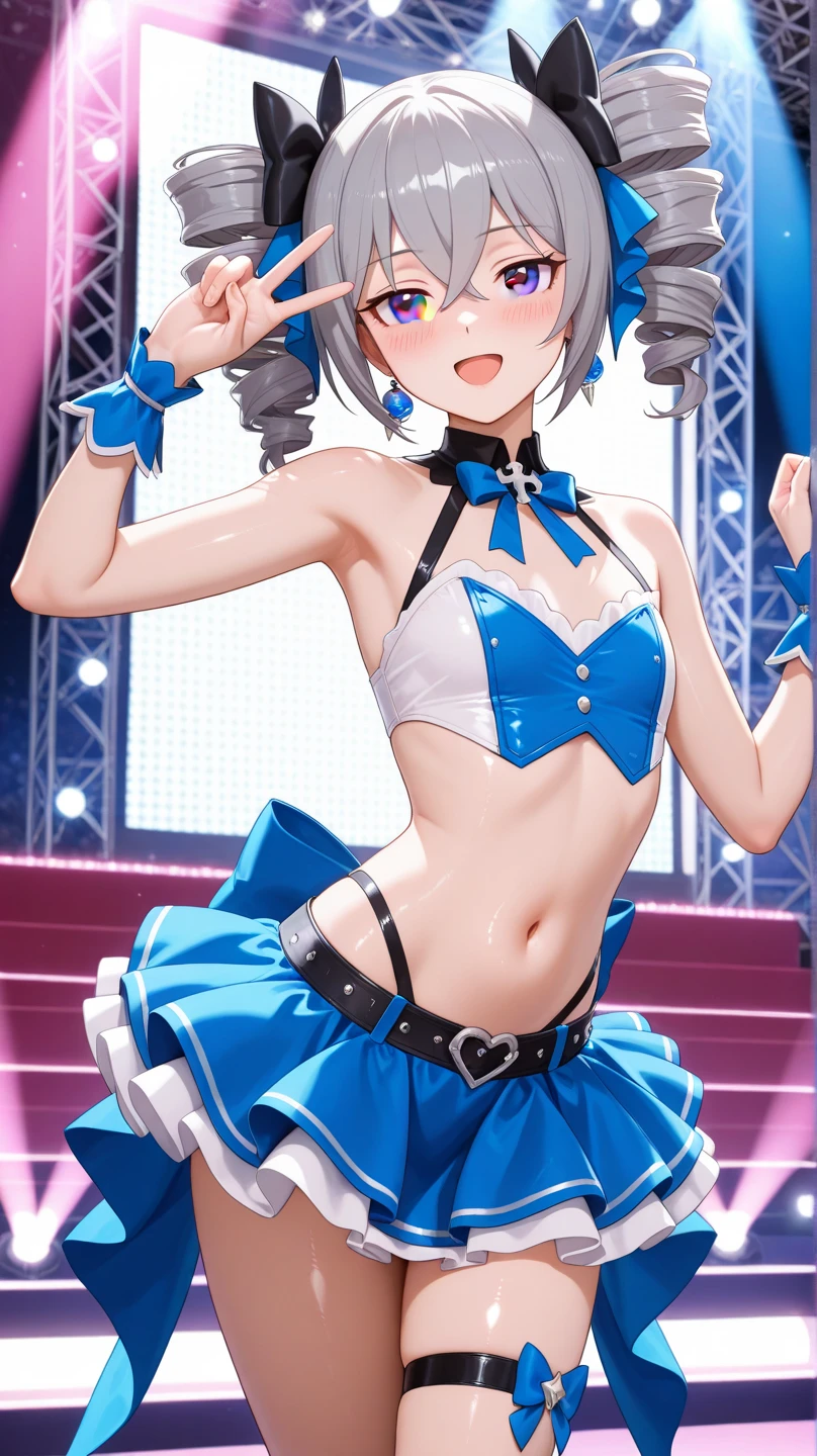very cute female child,10 yo,black hair,hime cut,blue eyes,flat chest,standing,embarrassed,blush,looking away,
(white idol costume:1.2),skirt lift by myself,panties,stage,
nsfw,solo,1girl,
BREAK
(masterpiece, best quality,ultra-detailed,perfect anatomy)
photographer,foreground,camera,phone,