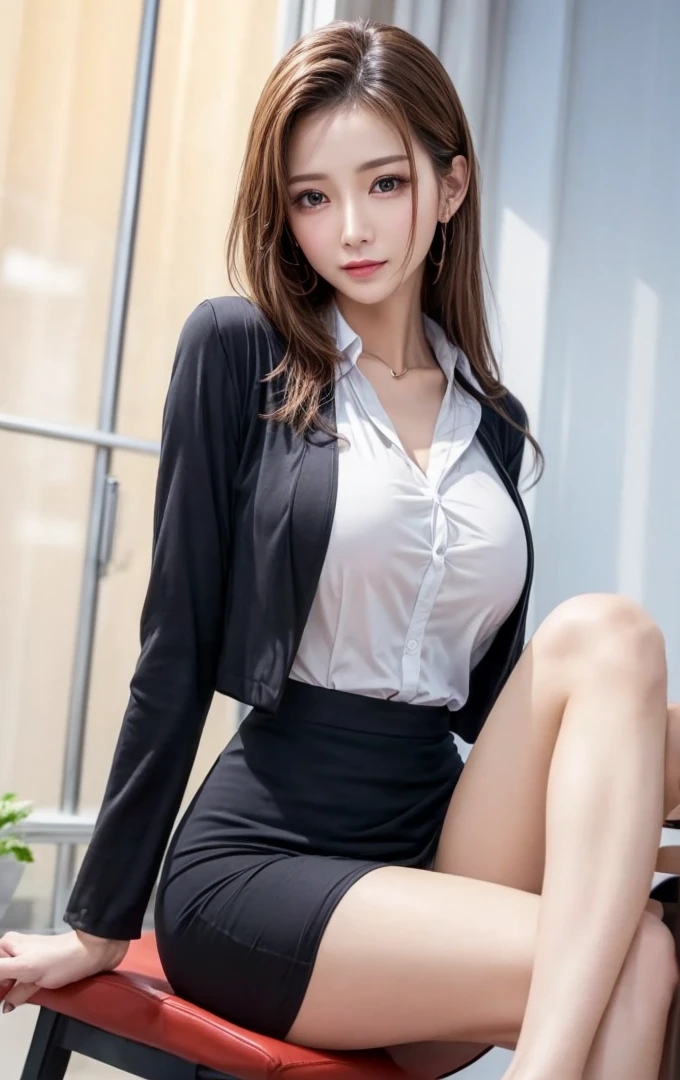 8K、top-quality、masterpiece:1.2、Real 1.5、Realistic 1.5、Photorealsitic:1.3、25 years old women、The shirt、blazers、Colossal tits、Cleavage emphasis、a miniskirt、Skirt up、a smile