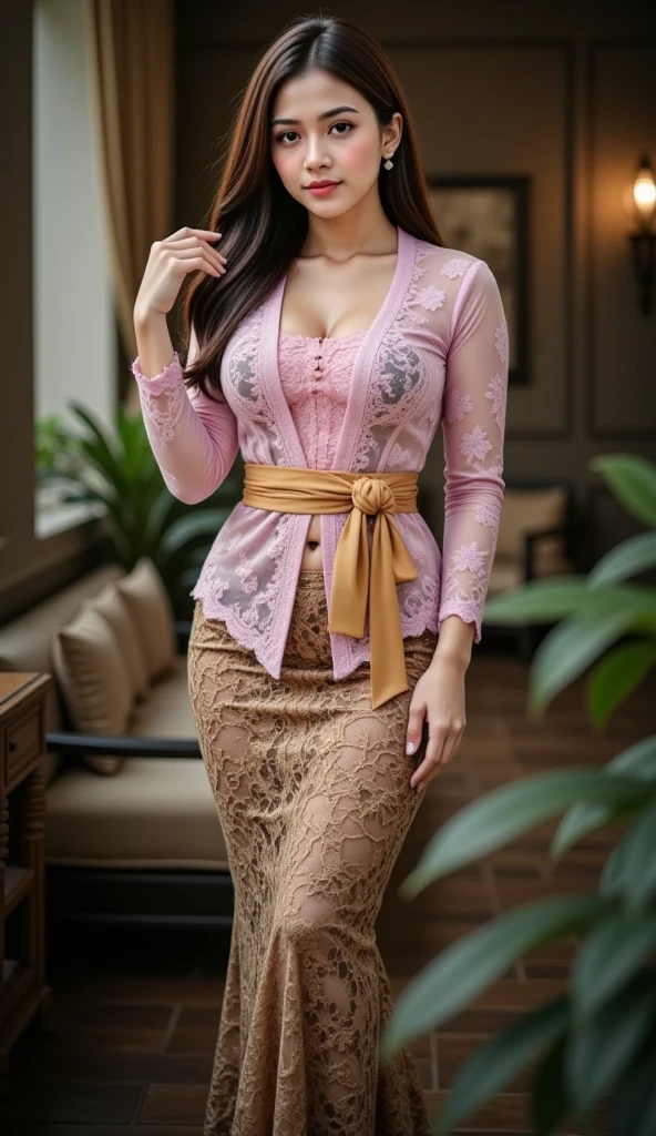 (iu:0.8),cleavage, RAW, Best quality, high resolution, Masterpiece: 1.3, Beautiful glasses pearl_skinned hijabi javanese wearing high_slit_skirt, Masterpiece, Soft smile