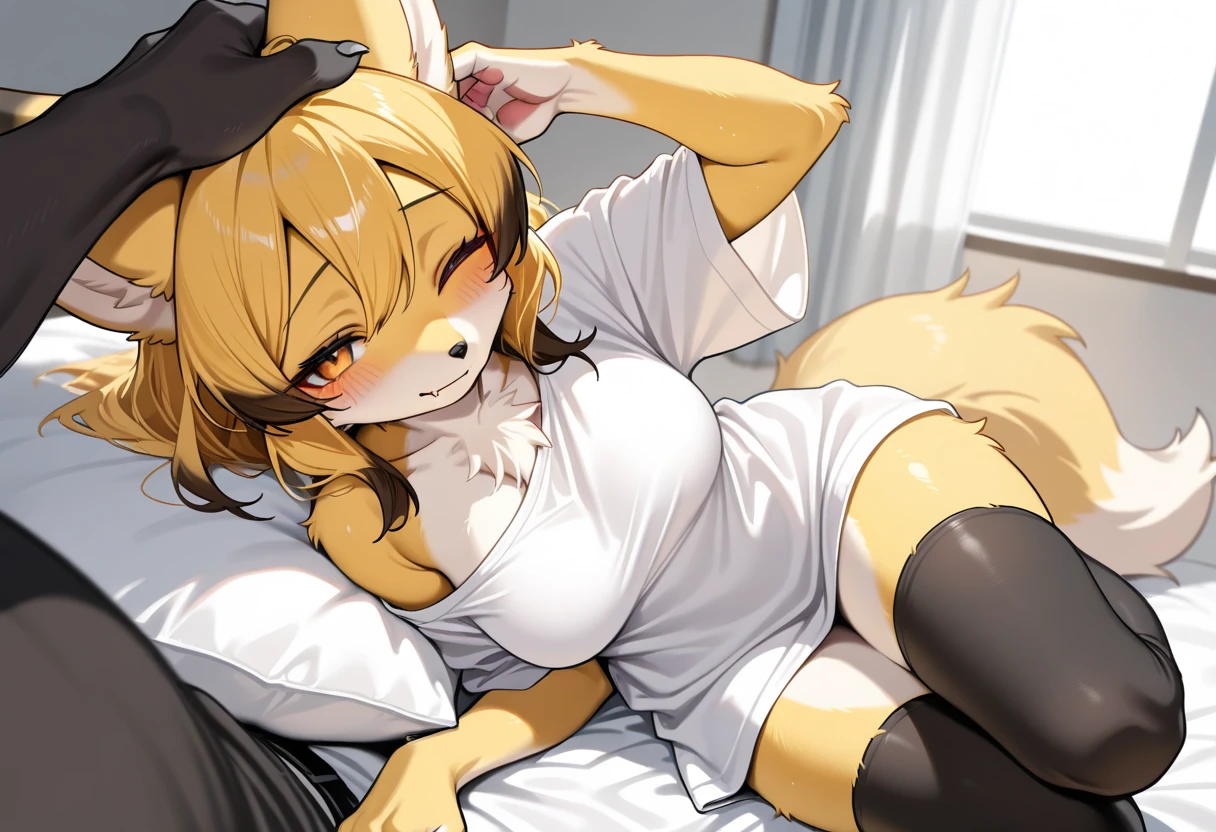 masterpiece, best quality, newest, absurdres, highres, amazing quality, very aesthetic, score_9, score_8_up, score_7_up, score_6_up, 1girl, (furry, kemono:1.5), fox girl, anthro, furry, elongated foxy snout, fox ears, fox tail, (very very long tail, the tail is long and fluffy), one cute fang, biting lip, half-closed eyes, closed mouth, looking at viewer, amber eyes, one eye closed, shy, open mouth, enjoying, , baggy shirt, black thigh highs, oversized clothes, single off-shoulder, eyelashes, solo focus, getting petted, brown fur hand (fox paw kind of looking hand), hand coming in to pet her head, receiving headpats, headpat, petting, from above view, reclining on the bed, bed, pillow