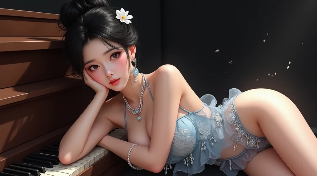 Drawing portraits drawn on an iPad. A 1 ancient Chinese girl wearing a blue gradient dress, sitting with her knees raised on a bed, throwing an abacus in her hand. She has a beautiful, sly face, sharp eyes, a good figure, long legs, and a big chest. It doesn&#39;t have to be drawn very realistically. Ancient Chinese novel cover.