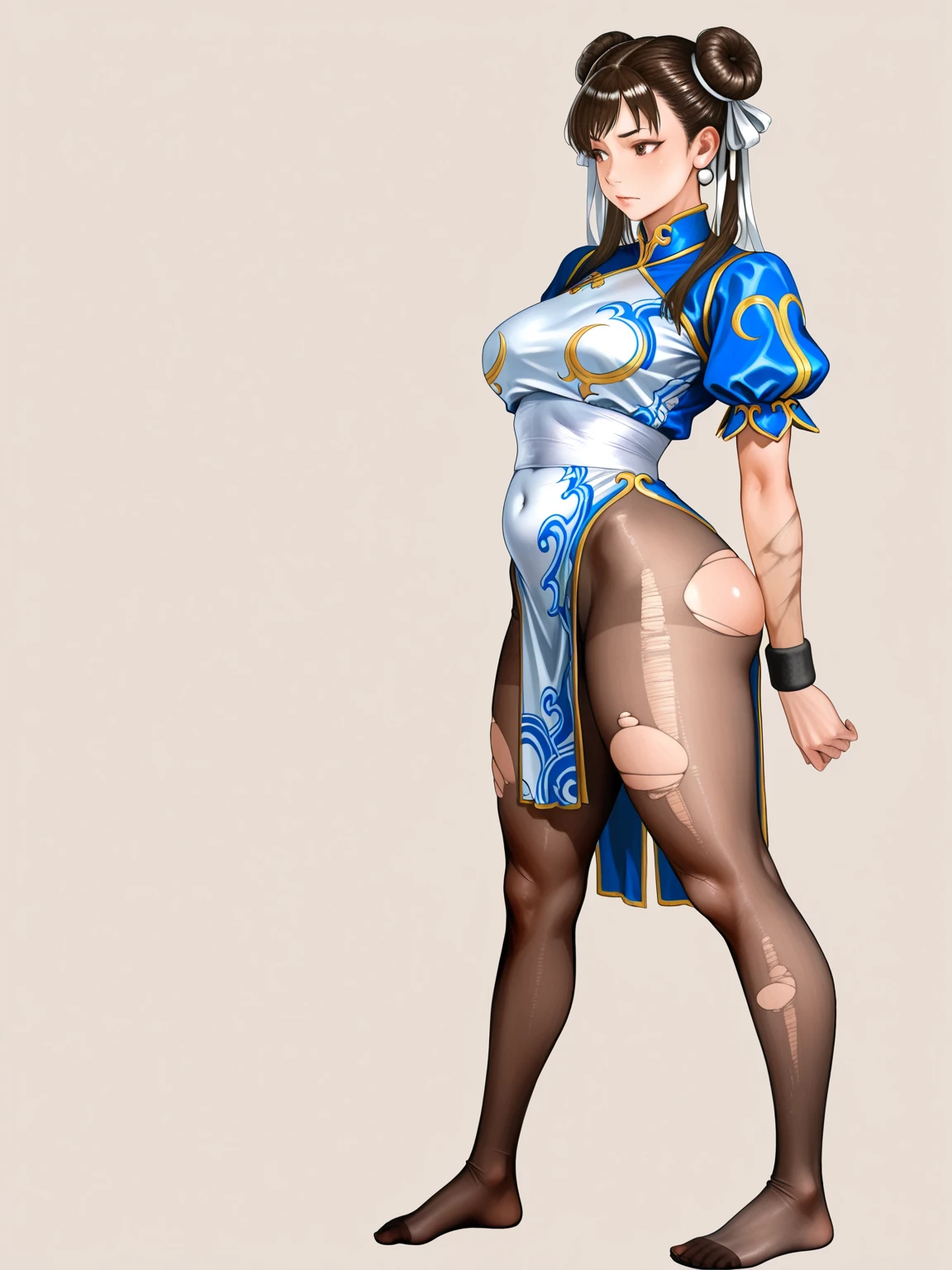 ((masterpiece、best qualified))、1girl in、独奏、ChunLi、fullbody image、The sheer tights-like bodysuit wraps around the whole body.、Muscular legs、eyes glowing red、Evil look、Does not expose the skin、Black boots、Chastity belt with heart design、Mechanical background、Pink lighting、Touch the crotch with your left hand。Open legs to emphasize crotch。Salute with your right hand。headphones、Black lightning around the body。