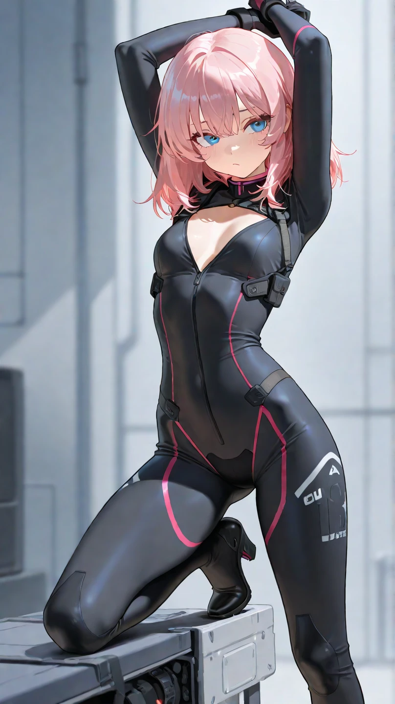 ((Best quality)), ((personage de manga)), ((cheveux rose,court, )), ((yeux rouge sang)),((simple book)), ((nez simple)), ((un regard dans le vide)),
((an ebony color pea)), ((faisant du sport)),((portant un collant))
((doggy pose)),((collé against the wall)), ((sur les genou d'un homme derriere elle)), with a skin color tight suit