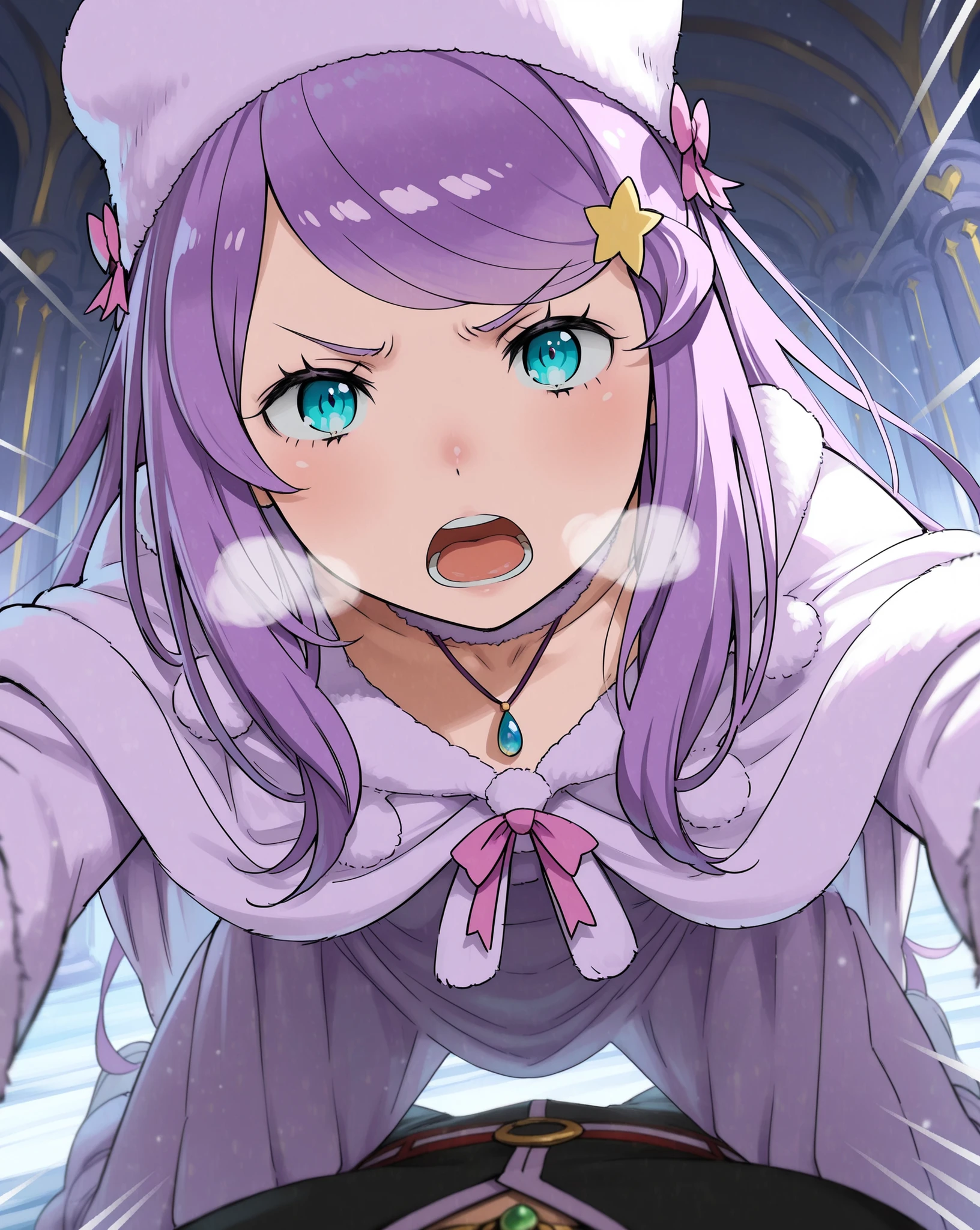 Re:zero anastasia hoshin, very angry , the face is reddened, deep breathing, full size view open mouth from top to bottom, decorated with vivid white and black color scheme lines {x}, kneeling, with legs open in an M shape, looking at the viewer ,cool and fun atmosphere, diagonal shooting angle, clear focus on the character, anime illustration style, creates a calm and intimate atmosphere