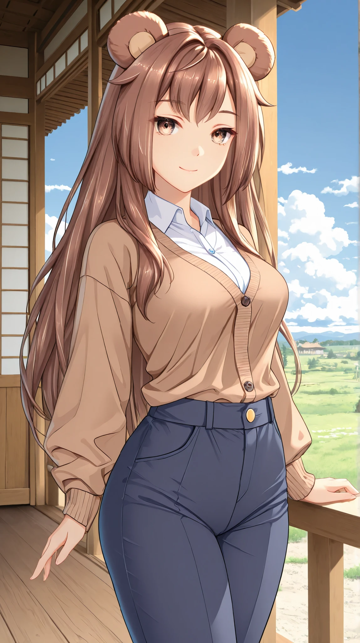 masterpiece, best quality, newest, pifpuf, 1girl, brown hair,long hair, animal ears, bear ears, brown eyes, medium breasts,veranda, standing, brown cardigan, blue pants, looking at viewer, smile, blue sky, white clouds, fantasy, neo futuristic