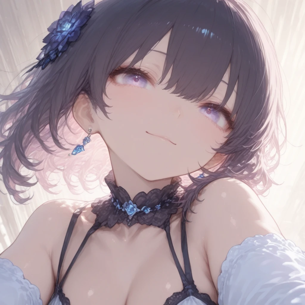 (best quality), (Super detailed), (Best Illustration), (masterpiece), score_9, score_8_up, score_7_up, (4k), nsfw, (1woman), (full nude), (large breasts), {brown hair, (sideburns), (bob cut:1.3), curly hair, hairs between eyes, colored inner hair}, {(detailed eyes), twinkle(in the eyes), blue eyes}, nose blush, earring,