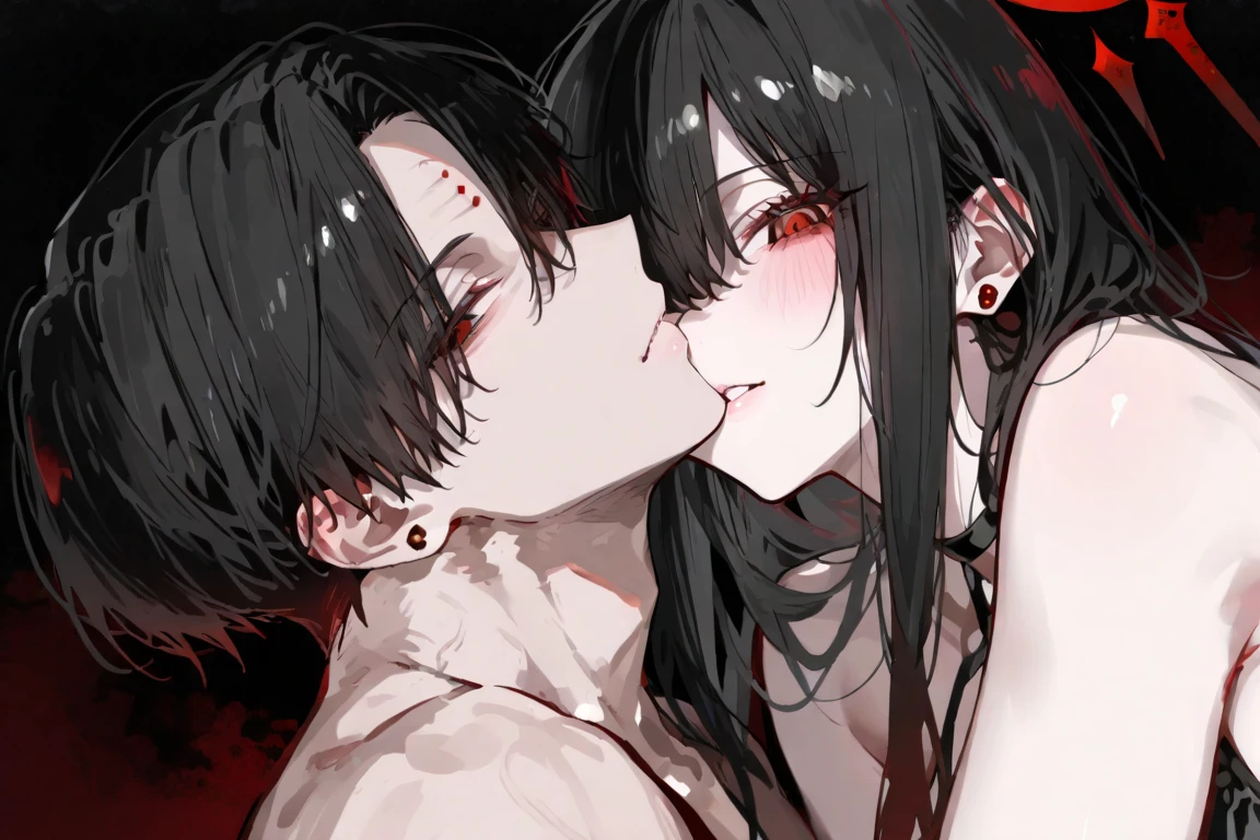25 year old couple,black color hair,Red rope winding,transparent white shirt,blacksilk,Erotic lingerie,Be red in the face,Pink lips,The background is minimalist,8K masterpiece