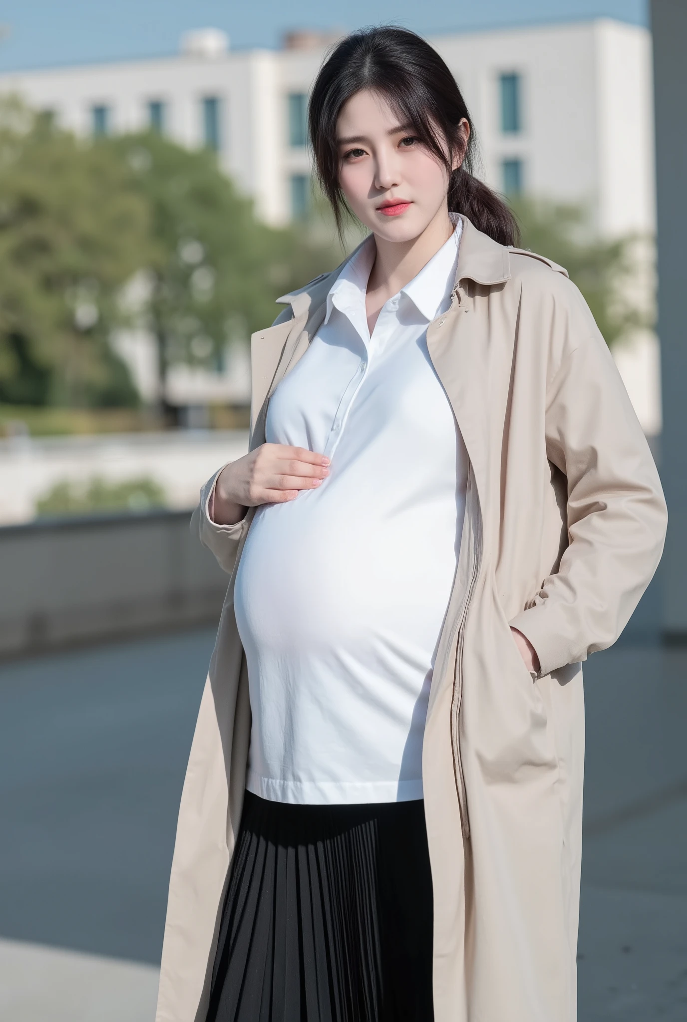 natural light,masterpiece,ultra_realistic 4k, fair skin,photo of korean beautiful pregnant detective, white_shirt, trench coat, large belly, full term belly, full term pregnant, huge pregnant,beauty_asian, large shirt, oversized shirt, wide hip, massive boob, black hair, standing, black pleated skirt , pony tail, untucked shirt, sweat, side street, detective, look at viewer, (the shirt is long and reaches almost to the knees and fully covers her baby bump)
