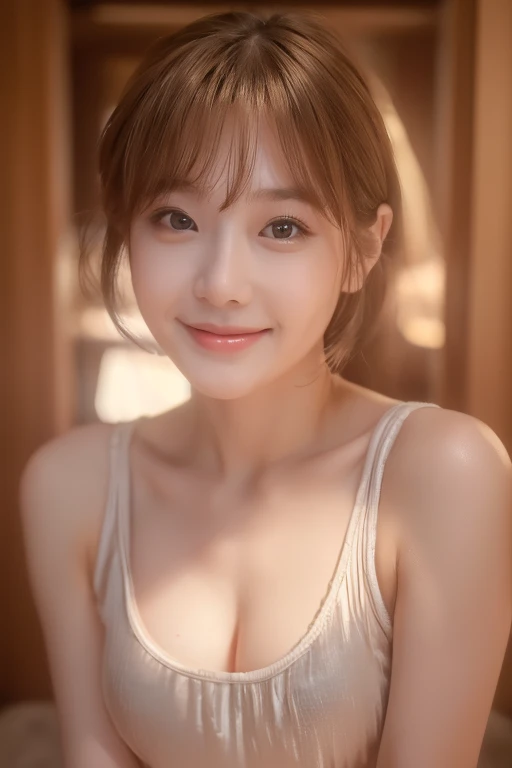 (masterpiece:1.3), (8K, Photorealsitic, Raw photography, Top image quality: 1.4), Japan high school girls、(Random hairstyles:1.2)、cleavage of the breast:1.2、Super Detail Face、Eye of Detail、double eyelid、Bring your chest together、sharp focus:1.2、prety woman:1.4、light brown hair、top-quality、masterpiece、超A high resolution、(Photorealsitic:1.4)、Highly detailed and professional lighting smile、Loose and light knitwear、Shoulder out、slender、serious facial expression、short-haired、Fatal position