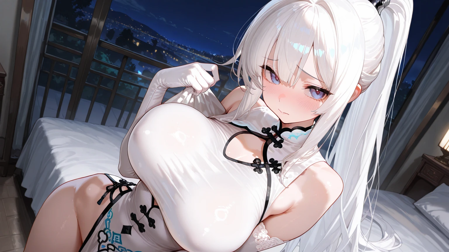 a hot 20 year old girl (she stuck inside a tube she is calling for help) (white hair) (in a testing room) (she is naked) (she is scared)