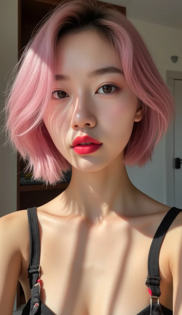 Pink short hair，Natural and beautiful hair，The background is simple and clean