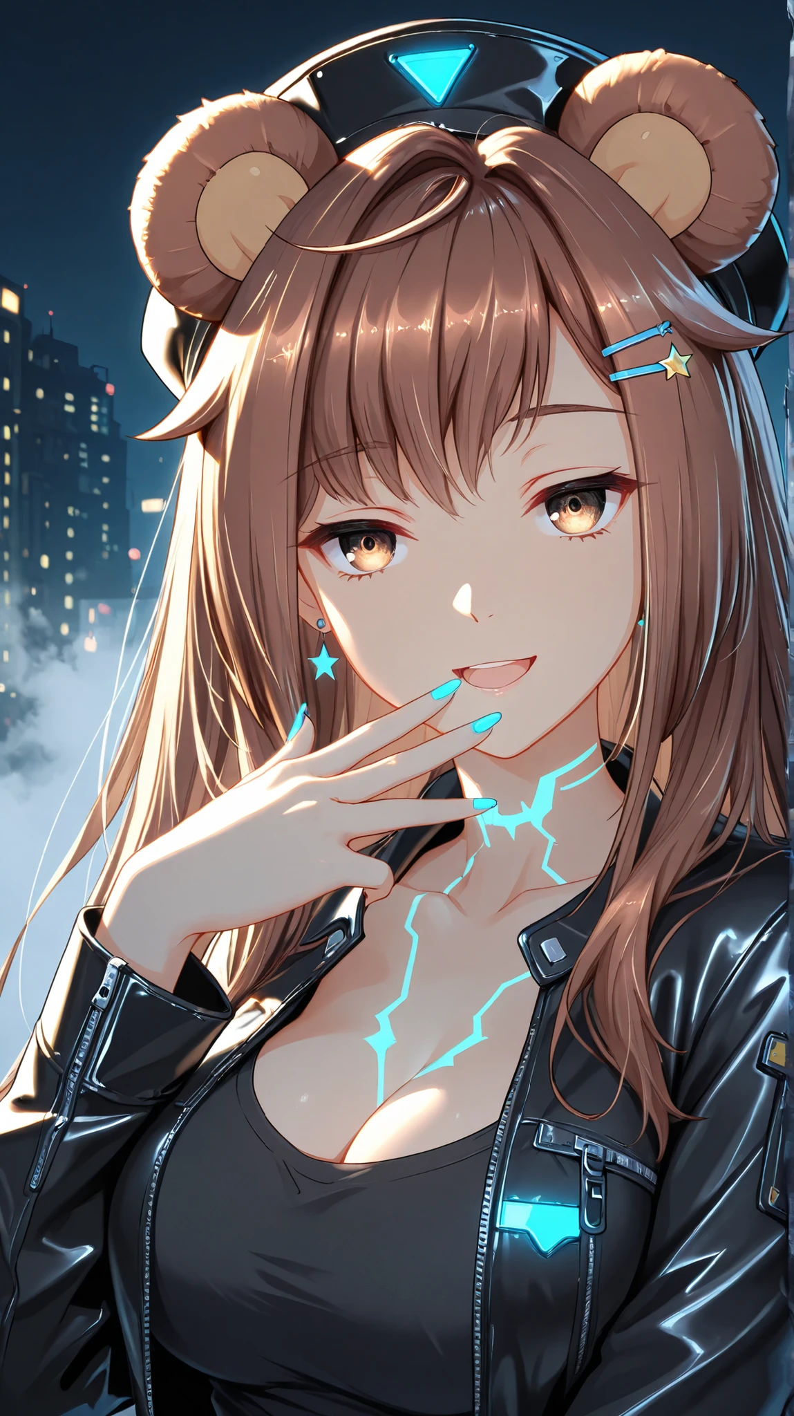 masterpiece, best quality, newest, pifpuf, 1girl, brown hair,long hair, animal ears, bear ears, brown eyes, medium breasts,star hairclip, upper body, fingers near mouth, tattoes, glowing tattoo, night, neon, glowing cap, earrings, black t-shirt, cleavage, black jacket, leather jacket, open mouth, wide smile, blue nails, glowing nails, fog, neo futuristic, cyberpunk, lineless
