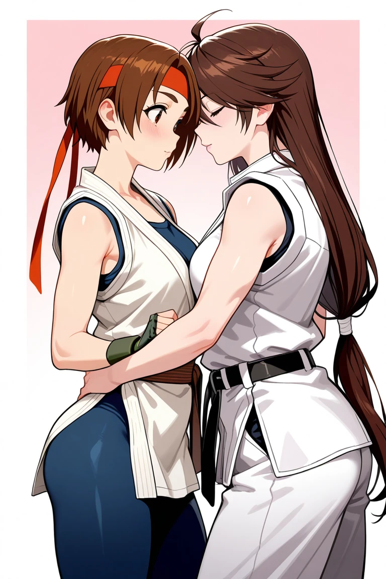 Masterpiece, best quality, best lights and shadows of Studio, 8k, hdr, 2 women, they are Makoto and Yukiko , from the game persona, one is consoling the other with a tight hug, perfect anatomy, perfect hands, perfect arms, perfect legs, sideshot, looking at each other, crying, Sakura has pink hair, Ino has blond hair, konoha Village clothes style