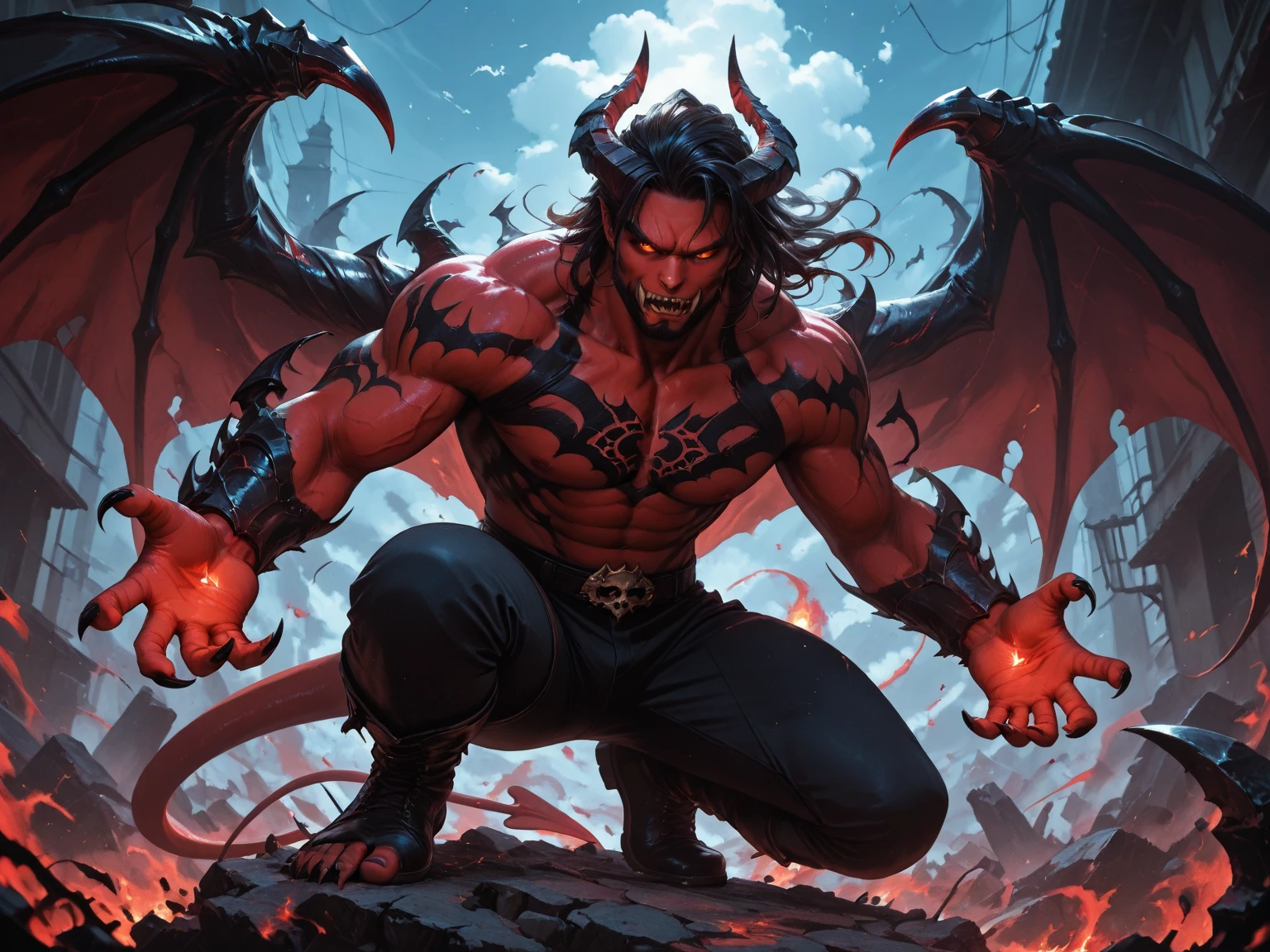 Demonic figure, human body, very detailed red face, black horns, muscular, angry face, black arms metallized with thorns, hands with sharp claws, sharp teeth, bleeding red eyes, shirtless, angry pose, wearing a black cape, standing on top of the roof of a church, looking up towards the sky.