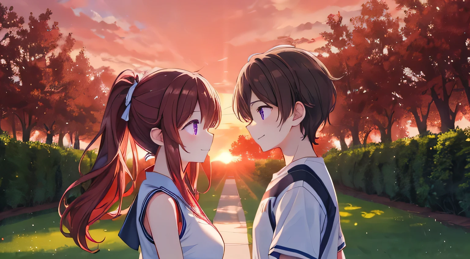 University campus at sunset、Two men and women stop、the red sky and sunlight filtering through the trees。The girl has red hair、ponytail、Purple eyes、big breasts、beautiful、 lori、white sleeveless shirt、Boys have brown hair、Curly hair、T-shirt、rough summer clothes。Standing slightly diagonally across from each other、they make eye contact and smile during an accidental conversation。The distance between the two is natural、the soft air that seems like love is about to begin。The background is a campus full of sunlight filtering through the trees illuminated by the sunset sky、The distance between them is slightly red。