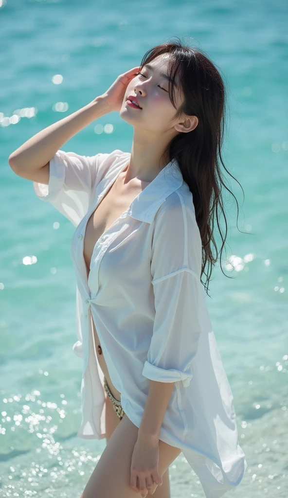 (Gray background、pubic hair、Large Breasts、Thighs、(((Glaring)))、Curly Hair、Disheveled Hair、Cute woman、high school girl、White shirt、Navy frill mile、Open chest shirt、A wet shirt with underwear showing through、Wet Hair、Gazing at the sea、