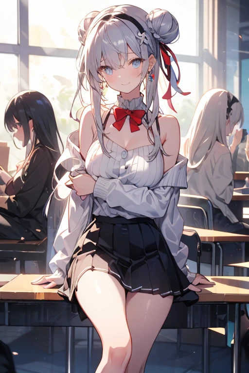 Silver Hair、Semi-long hair、Showing panties、、Showing panties、、School classroom、blackboard、Pull up your skirt、Lift up your skirt、Blushing、A foolish look、