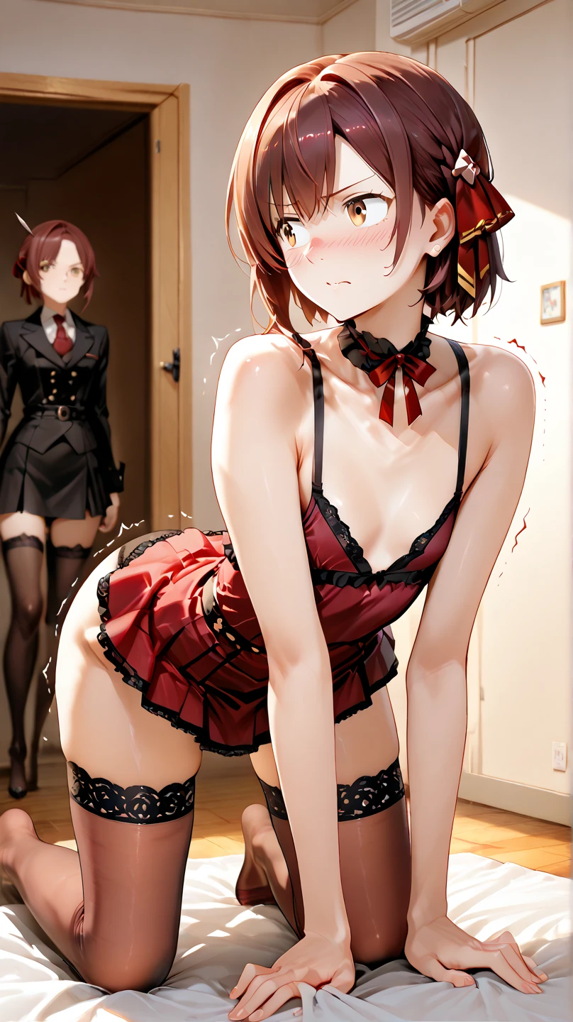 ((1人のIn underwearの女性がセクシーにOffice corridorを歩いているBack view:1.4), Beautiful Anime Women, Beautiful art style, Anime characters, ((Smooth texture, Realistic texture, Anime CG Style)), ((Highest quality)), (Very detailed), (Very detailed CG 統合 8k 壁紙), Very detailed, High-resolution RAW color photos, Professional photography, Brown Hair, Stylish hairstyle, Slender body, (Stunningly beautiful woman), (Office corridor, In the background many business people are walking down the corridor, There is a window in the hallway:1.4), ((Black high heels), (Sexy and cute red underwear:1.3), (Stylish shiny red satin panties, Side-tie panties, Panties with lace trim:1.3), (Thin panties:1.3), (Red Micro Lace Satin Bra, Red bra with lace trim, Thin bra:1.3), (lace garter belt, Garter Strings, Black knee socks:1.3):1.3), naked, In underwear, In underwearのオフィスレディ, Exact number of arms, Exact number of legs, Perfect Anatomy, (Embarrassed expression, Surprised expression), Angle from the rear, Exact finger count、Exact number of legs、(Exact number of arms:1.0, Exact number of hands:1.0), (Perfect hands, Perfect Anatomy), (Back view:1.4)