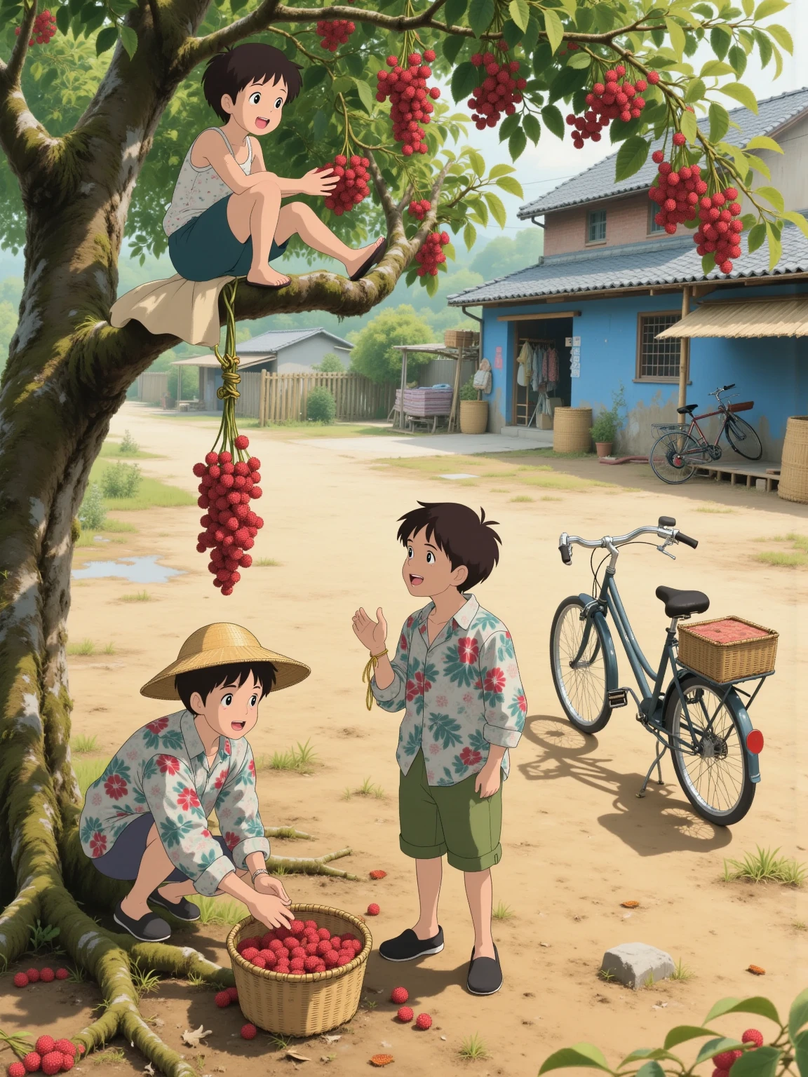 Healing illustration, wide-angle lens, Miyazaki style, visible from a top-down perspective, in the 80s Southern Hongtupo Bayberry,Three s wearing a coarse cloth floral shirt and military green shorts,Girl with a crochet braid riding on a low branch,Use a bamboo hook to hook a branch covered with dark red bayberry,the little face is stained with fruit。Under the tree {x} Falling fruit,the legs of the pants rolled up to reveal crusted knees,Bayberries are piled up in a bamboo basket at the foot side of the foot。The youngest boy crouched on a moss-covered tree root,stealing bayberry in an enamel bowl,squinting in acid and wrinkling the nose,with fuchsia juice。The trunk is covered with moss,ovoid leaves are bright dark green,, clusters of fruit are covered with branches like red agate,The ripe fruit exudes frost-like crystals。The background is a blue brick house and bamboo Drying rack,The trunk is stained with red paint"Bayberry is ripe",28 bikes parked on the dirt road outside the fence,with straw hats and square cloth wrapped in a basket,The picture uses soft light and warm treatment,Preserving the faded texture of the old picture