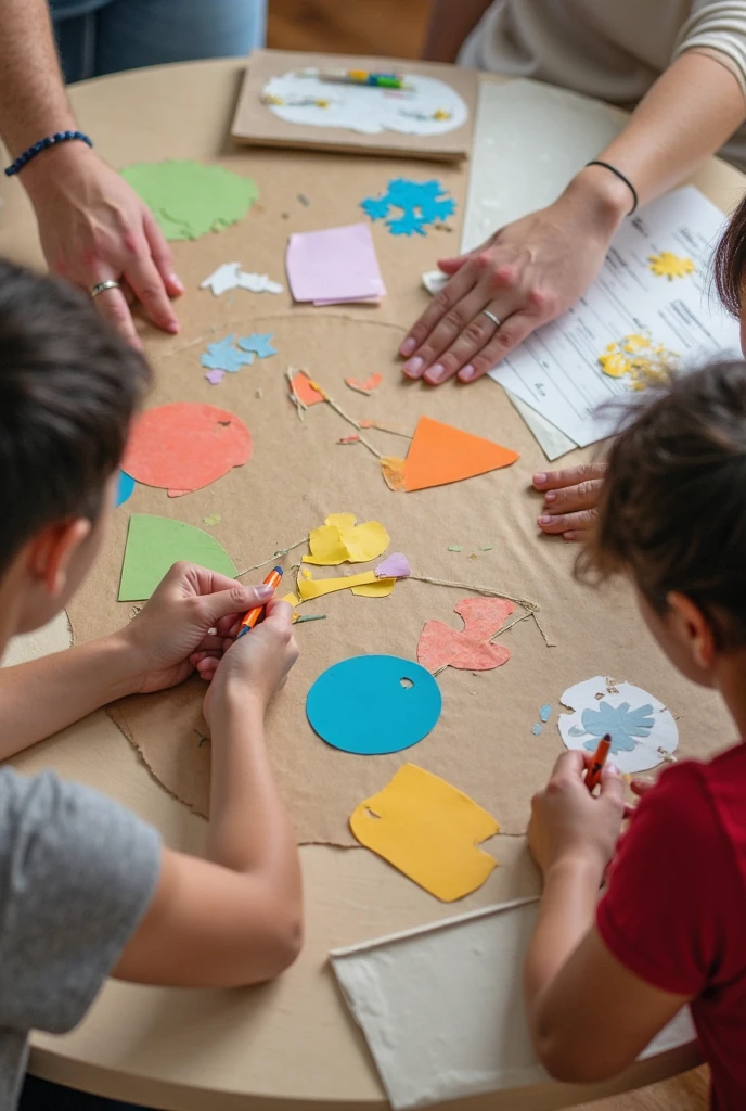 A group of children, 6, creating a collage of their favorite animals by tearing colorful paper with their hands. The children are happily tearing paper to form basic animal shapes like lions, elephants, and birds. The torn pieces are uneven and have a raw, childlike quality. The children are working on a large sheet of paper, arranging their torn pieces into animals, with no scissors in sight, just scattered torn paper and glue sticks around.