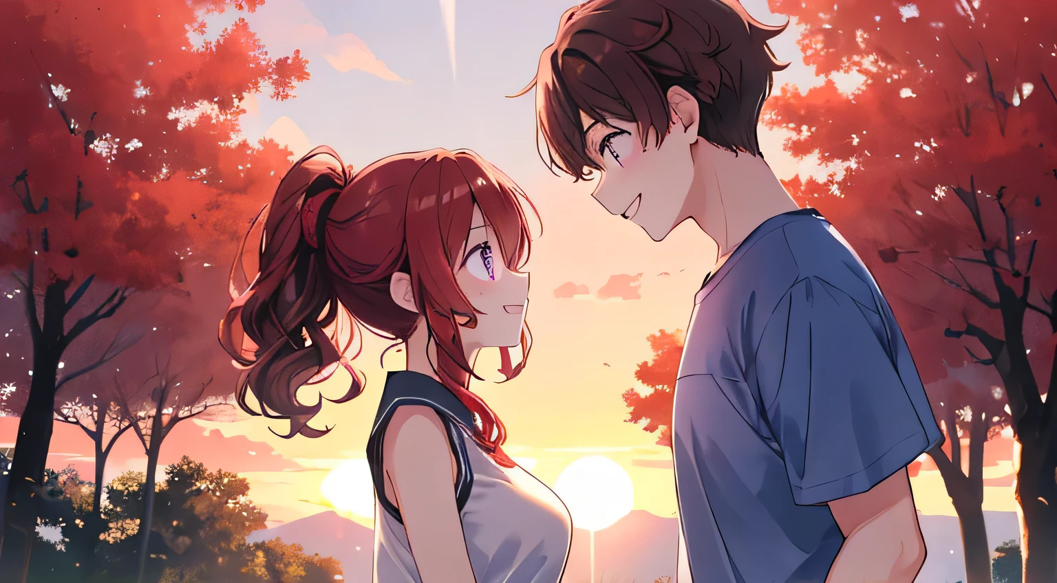 University campus at sunset、Two men and women stop、they make eye contact and laugh at each other。The girl has red hair、ponytail、Purple eyes、big breasts、beautiful、 lori、white sleeveless shirt、Boys have brown hair、Curly hair、T-shirt、rough summer clothes。Standing slightly diagonally across from each other、they make eye contact and smile during an accidental conversation。The distance between the two is natural、the soft air that seems like love is about to begin。The background is a campus full of sunlight filtering through the trees illuminated by the sunset sky、The distance between them is slightly red。