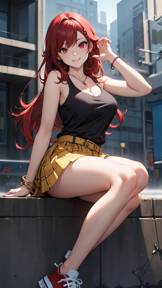 Detailed image of a loli, Long red hair loose in a tousled aesthetic bun, sharp and seductive yellow eyes, Beautiful face, smiling, full lips, dog ears, with earrings, medium breasts, blushing eyeshadow, long thick eyelashes, posing sensually dressed in a low-cut sweater, a lifted mini mini skirt, small waist, wide hips, large round buttocks, beautiful thick bare thighs, view from below, shallow depth of field, volumetric lighting, Shadow enhancement, Detailed cityscape, Shoulder blades (Higher quality, Amazing details: 1. 25), (only: 1.3), Bright colorful paintings.