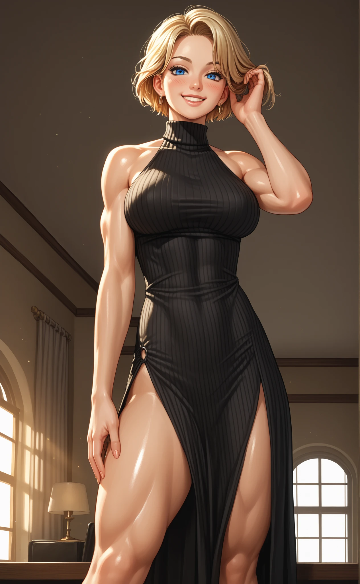 masterpiece, maximum quality, ultra high resolution, 8k, Ashley (Resident Evil 4 Remake), full body, alone, thin, very detailed face, face perfectly identical to the cgi of the game, detailed eyes, mischievous smile, cheerful, human pellet, realistic photo, totally realistic, human pellet, studio lighting, perfect, identical in every detail, cheap motel room, short silk dress, back to camera, big ass, thick thighs, wide hips