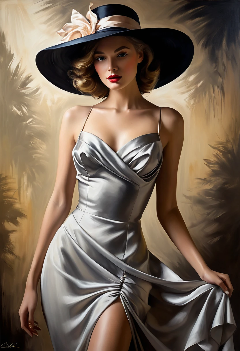 Outline with black ink,smooth lines,Displays characters' Express expressions and postures through ink contrast,The background is simple,emphasize light, shadow and space。Wearing a white hat、Drawing of woman wearing black clothes, fine art piece, CG Society'Hot topic, figurative art, Jeremy Mann's style,Dress neatly. sexy painting, Wallop |, Ryan Hewitt, Jeremy Mannatt