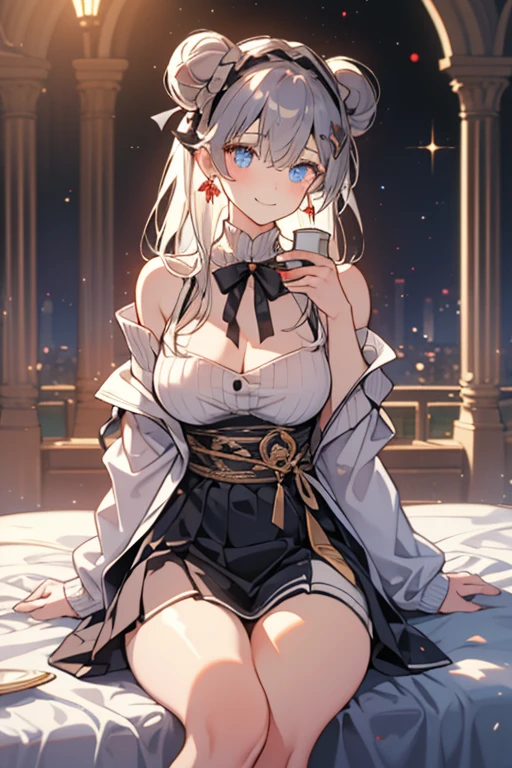 (((Masterpiece))),(((Super Detail))),(((in 8K))),(((best composition))),(((Rim lighting,Fireglow effect,deep shadow))),solo),Beautiful fingers,Detailed finger features,(Detailed hair features:1.7),(Dynamic and sexy bending pose:1.3),detailed facial features,detailed clothes features, (perky chest:1.1), (pointed chest:1.3), delicate beautiful face, Bright blue eyes, cute eyes, sparkling eyes, Big eyes, beautiful detailed eyes,double bun with glittering hair ornament:0.6,(super detailed glossy skin:1.3),slender body,goddess smile,((with sparkling eyes and a contagious smile)),beautiful posture,silver bronde hair, blue eyes, dress, bare shoulders,collarbone, sidelocks, hairband, earrings with jewelry, off shoulder sweater dress, arms behind back:0.4, air plant, long hair with long locks, gold hairband, off-shoulder dress, sweater dress, off-shoulder sweater, red sweater, big side hair, very long side hair,(super delicate floral pattern:1.2),seductive cleavage:1.3,beautiful glossy legs,shiny red high heels,lifting dishes with cup of a coffee,french restaurant,hustle and bustle,rising steam,(((depth of fields)))
