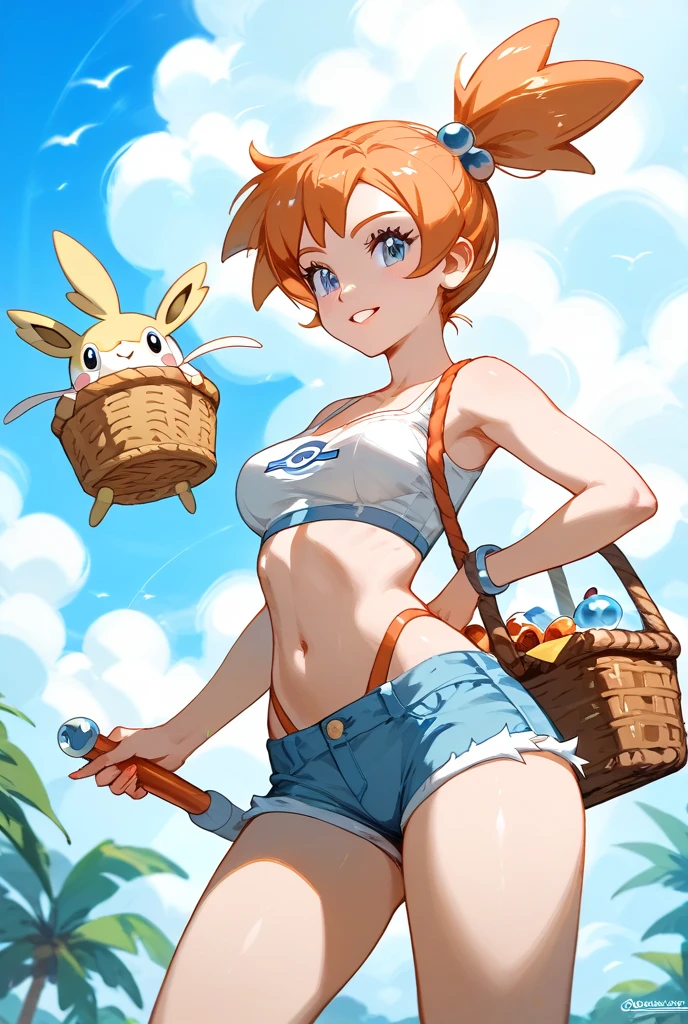 Vivid colors,Brown Hair,Big collar、A garment with an open chest design,Exposed breasts,Pants with no fabric in the crotch area,Exposed pussy,(beige skin,Beige breasts,Beige thighs,Pink nipples,)Light blue eyes,A picture of a woman holding a monster ball, Pokemon Misty, Gainax Anime Style, Also, Masamune Shirow, Inspired by Rei Kamoi, inspired by Un'ichi Hiratsuka, Singey, Cool pose, dramatic Grin pose, Female protagonist 👀 :8, Grin, rei hiroe