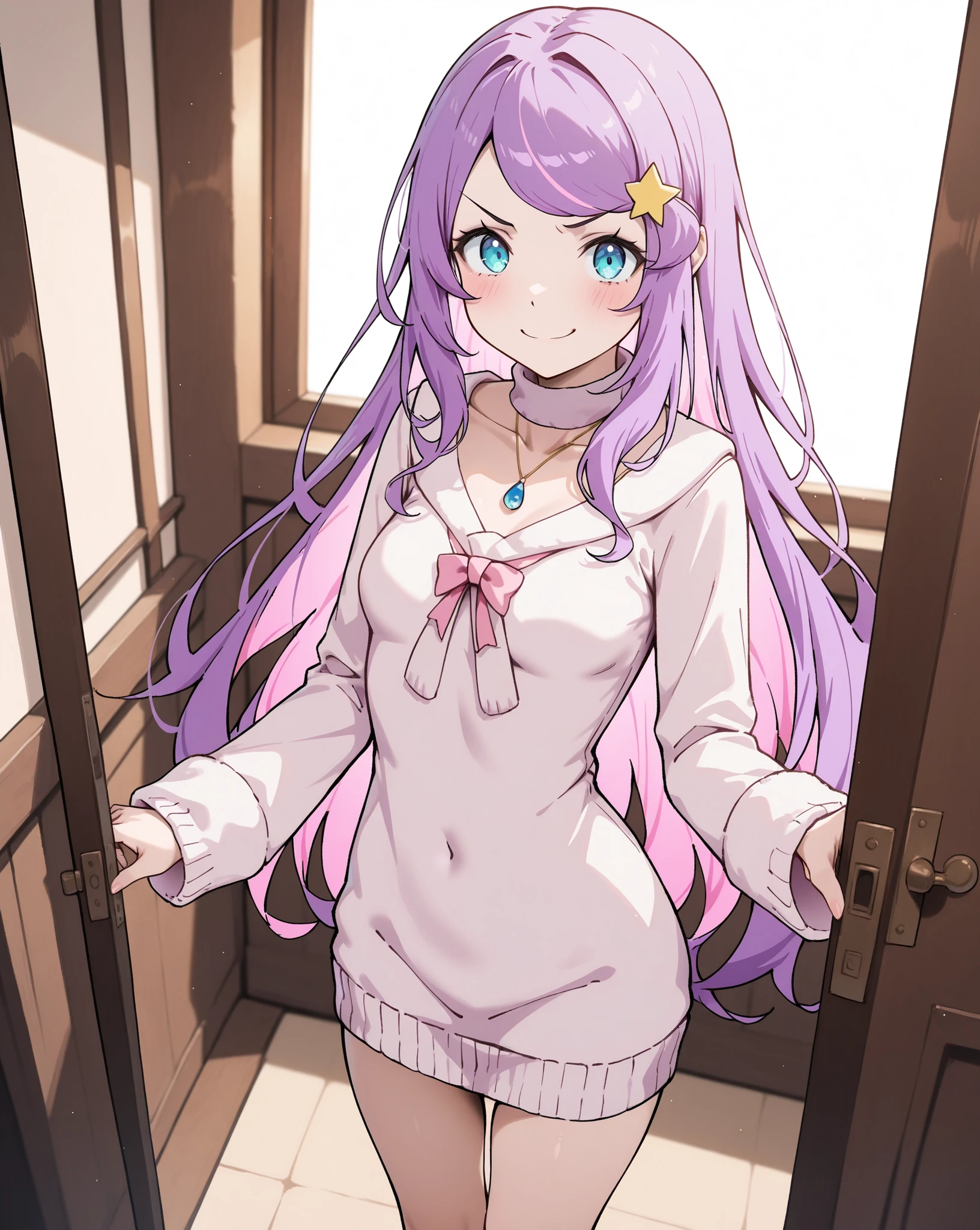 masterpiece, excellent quality, best quality, is absolutely glamorous, absurd results, high definition, en yeni, inside, 1girl, anastasiahoshin, angry smile, virgin destructor sweater, small breasts, solo, standing,