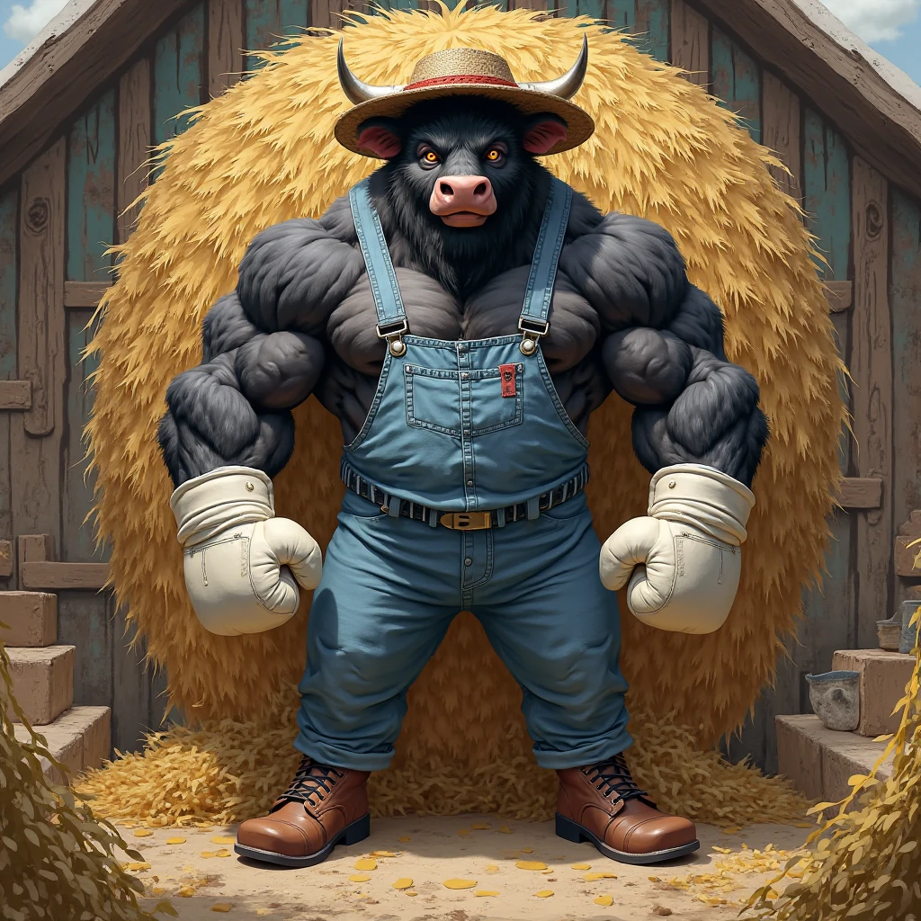 Sweaty, muscular, shirtless, holding farm tools and tilling the field in the daytime, anthropomorphic chest hair, serious face(Scar on face) Mature (Blue eyes)Huge muscular torn abs wild wearing nipple rings and collars prisoners collar linked to chains lock ambitious black bull