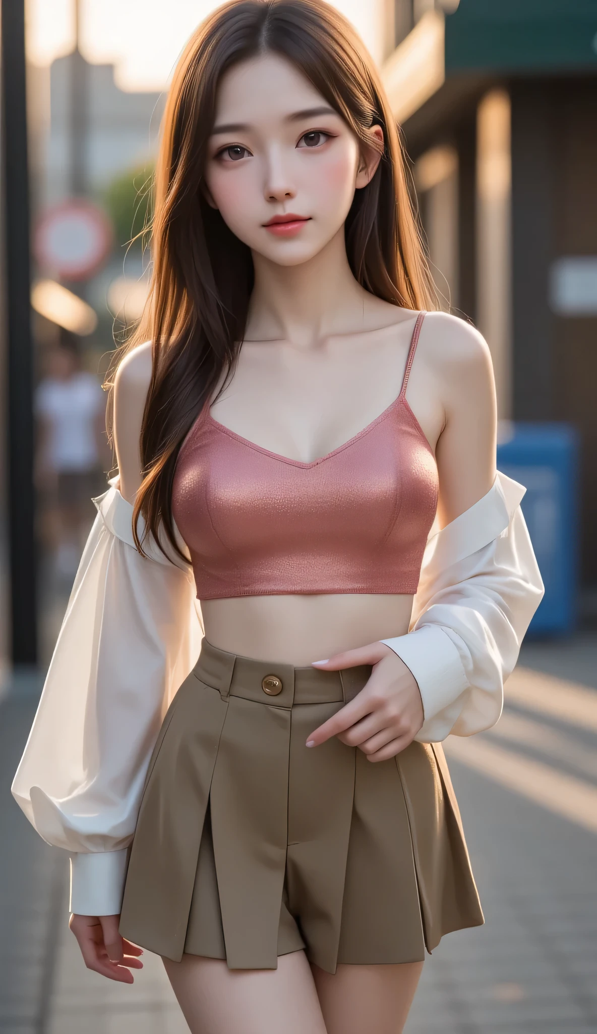 8k, masterpiece, RAW photo, best quality, photorealistic, extremely detailed CG unity 8k wallpaper, Depth of field, Cinematic Light, Lens Flare, Ray tracing, (extremely beautiful face, beautiful lips, beautiful eyes), intricate detail face, ((ultra detailed skin)) 1girl, in the dark, deep shadow, pretty korean girl, kpop idol, 1 girl, (very slim slender fit-muscled body:1.3), ((looking at viewer)),(big smile:1.3), (tight hot pink pants), (silk mini pants), (midnight, dark night, (neon sign), (blurred background), dim light), (without people in the background:1.3), beautiful earrings, bracelets, necklace, pantyhose, clear eyes, walking , front shot, (pale skin), (big eyes), face forward, (full body shot), ((silk hot pink shirt)), (brown hairs), (tight short pants ), (silk shirt), open navel, (looking at viewer:1.3) very slim, medium breasts,, ((camel toe)), medium butt