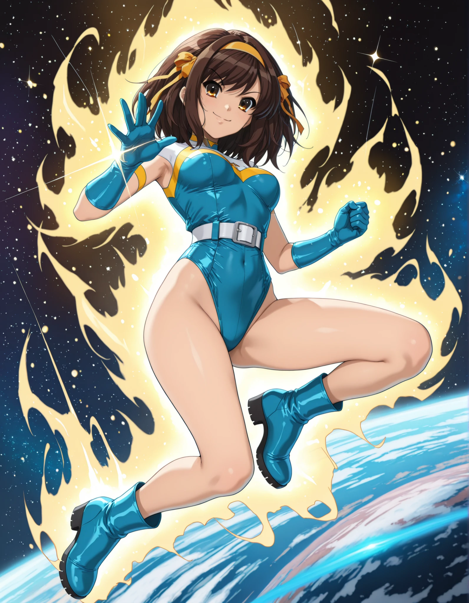 Masterpiece, best quality, high res, 8k, solo, solo focus, 1girl, sysdeep_haruhi, suzumiya haruhi as a superhero, (blue highleg leotard with white accents), (high waisted belt:1.4, tight belt:1.4), (bare legs:1.4), matching gloves, (matching boots, blue ankle boots:1.2), smile, flying, (her body glowing with a yellow aura:1.2), space background, diffraction spikes, light particles, fix hands, using her superpowers