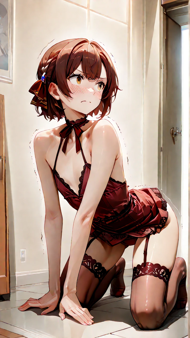 Twintail, red haired, 1girl, grey eyes, short, young, well toned, well built, muscled, toned muscles, red highlights, pigtails, beach, pink, black bikini, pov, sit, looks at the viewer, spread legs, blushing, sweating, (Jillin' off:1.2), stockings, (ahego:1.5) ,At school, frontal, purple short skirt, bag, smiling, abusive, super detailed, 4k, (black lingerie:1.5)