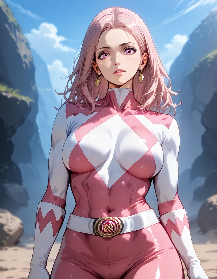 1girl, (solo:1.2), curvy, (masterpiece:1.2), (best quality:1.2), (perfect anatomy:1.4), (standing:1.4), (closed mouth:1.2), smile, (large breasts:1.2), (cowboy shot:1.2), blush, (beautiful white clouds:1.3), puffy clouds, white sky, neoartcore, pinup, (soft shading:1.2), she1, red hair, hair over eyes, split ponytail, pink jacket, cleavage, fur trim, black dress, earrings, jewelry