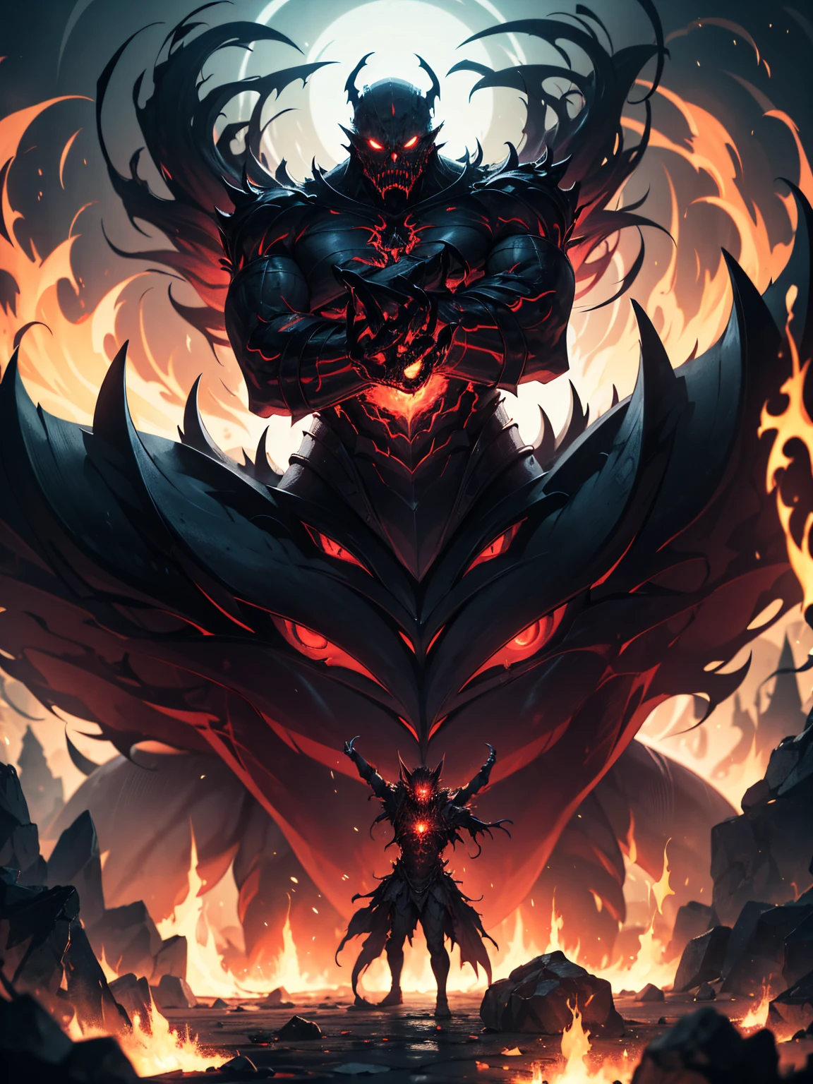 Demonic creature with glowing eyes and huge horns in a dark environment, Diablo digital concept art, Diablo concept art, Diablo 4, Diablo, Diablo 4 lilith, Diablo 4 queen, Demon King, The magnificent supreme demon overlord, Diablo-3, Diablo - 3, Diablo 3, Demon&#39;s Souls concept art, Blizzard game concept art, Muscular humanoid demon